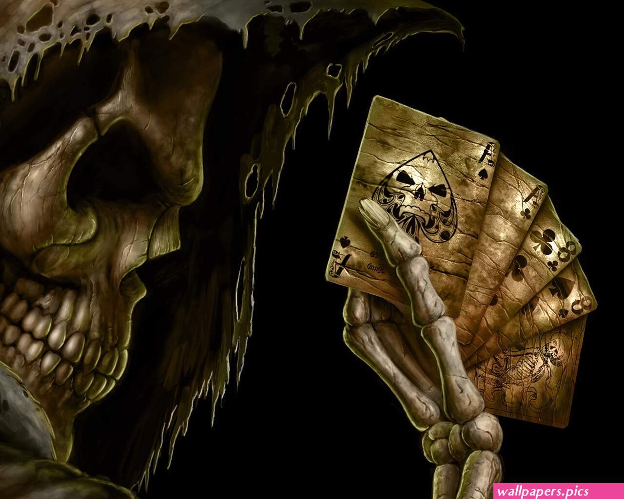 Wallpaper : sculpture cards skull death skeleton poker ART darkness computer wallpaper fictional character mythical creature organism bone cg artwork 1280x1024