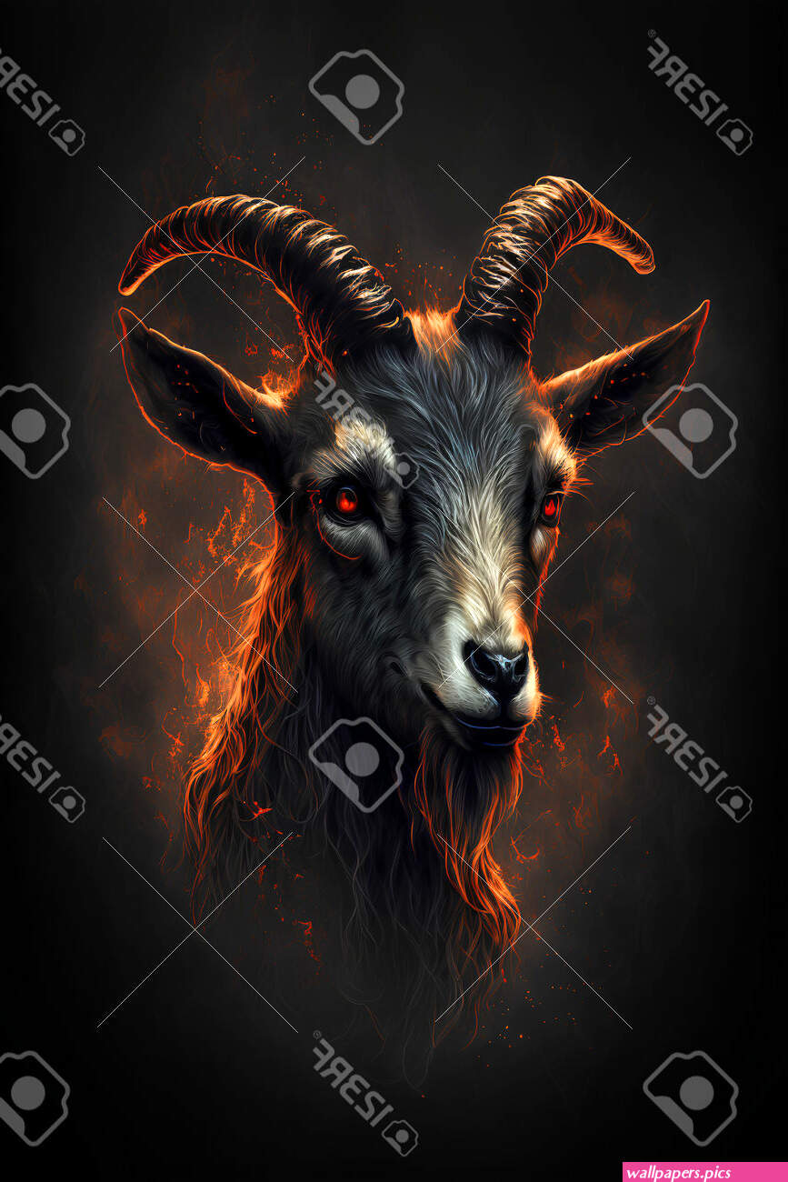 Goat Head With Horns On A Dark Background With Fire Flames. 198352768.