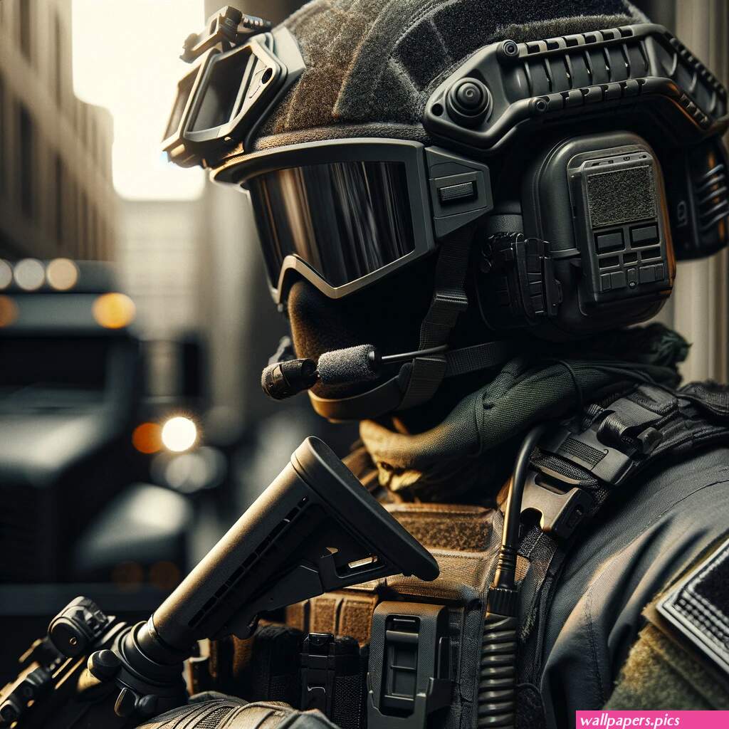 A close-up view of a SWAT officer's gear, focusing on the details of the equipment such as the tactical vest, helmet with visor, and communication dev