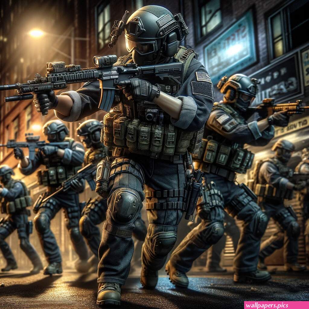 A highly detailed depiction of a SWAT team in action, capturing the intensity and focus of the officers during a high-stakes operation. The image shou